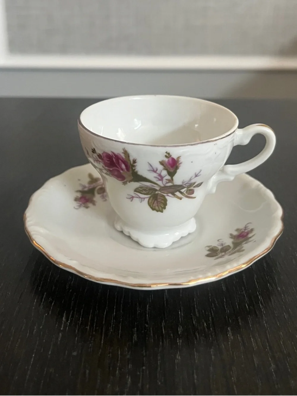 Vintage Floral Porcelain Teacup and Saucer - White with Pink Rose Accents